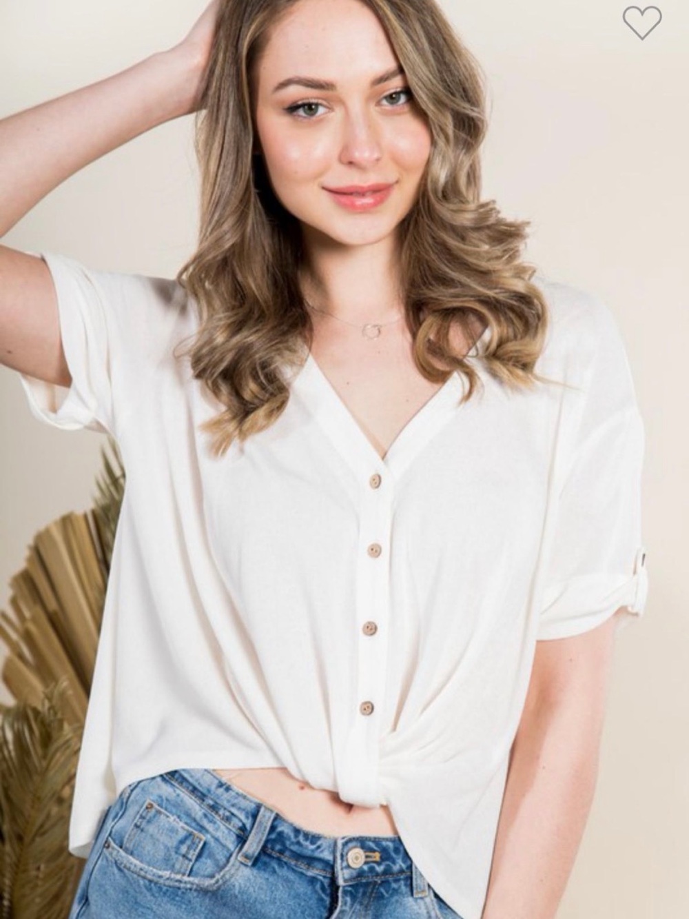 White Button-Front V-Neck Knot Hem Top - Women